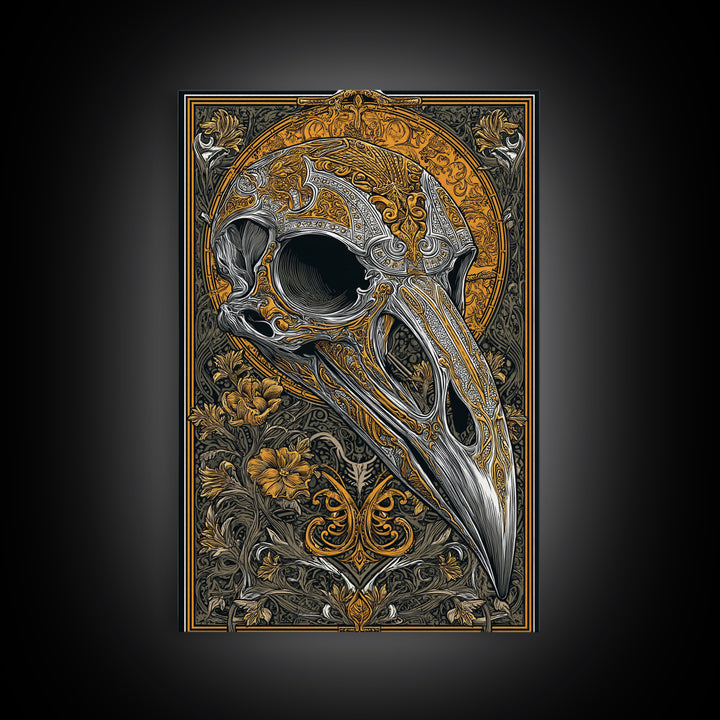 Norse Crow Skull Canvas Gold Art, Nordic Mythology Canvas Art for Man Cave or Office, framed in handcrafted real wood frame