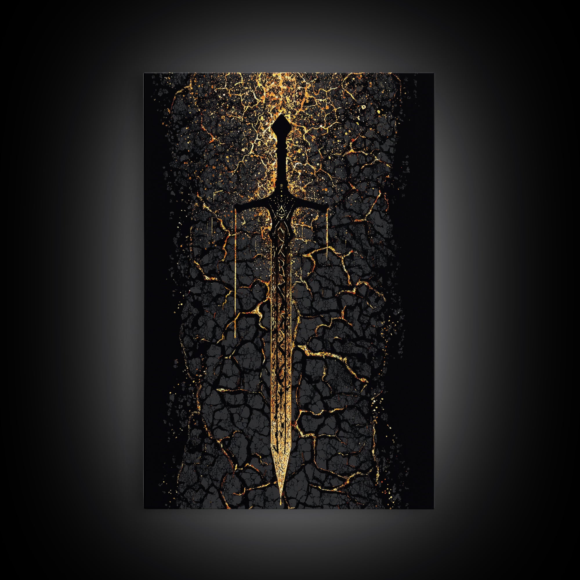Viking Sword Canvas Gold Art, Norse Mythology Canvas Art Wall Decor for Dad Gift, Office or Study, framed with natural real wood