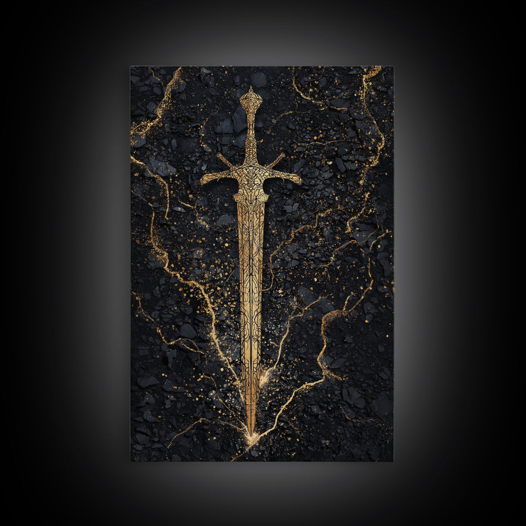 Nordic Sword of Legends Canvas Gold Art, Norse Mythology Inspired Canvas Art for Man Cave or Office, with real wood frame