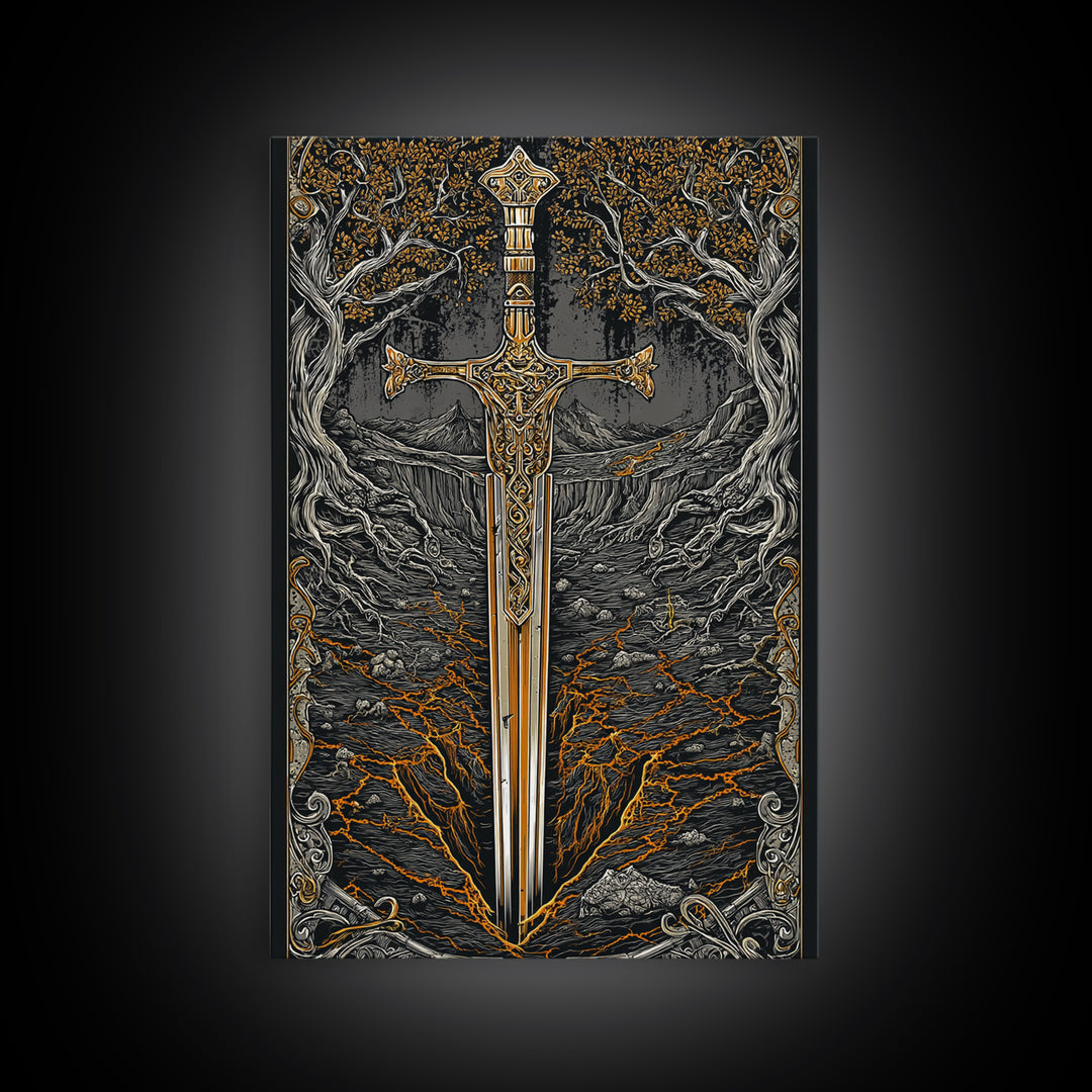 Yggdrasil Sword Canvas Gold Art, Nordic Mythology Canvas Art for Office or Dad Gift, handcrafted and framed in real natural wood