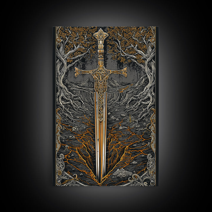 Yggdrasil Sword Canvas Gold Art, Nordic Mythology Canvas Art for Office or Dad Gift, handcrafted and framed in real natural wood