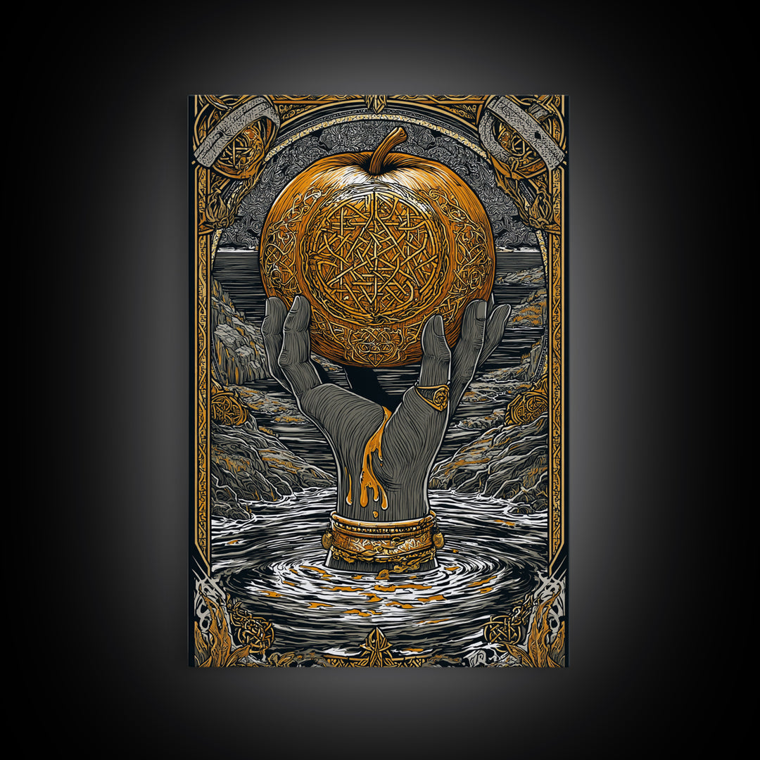 Mythic Apple Offering Canvas Gold Art Canvas Art | Nordic God Wall Art Pagan Symbol Decor | Office or Man Cave | Wood Frame