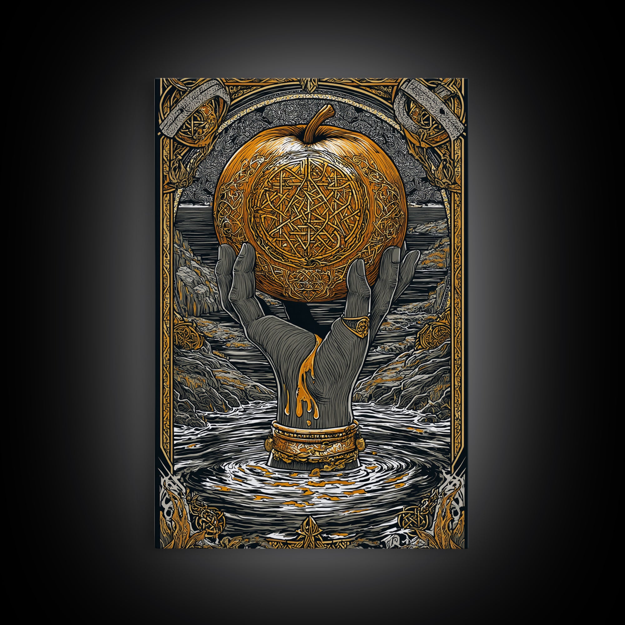 Mythic Apple Offering Canvas Gold Art Canvas Art | Nordic God Wall Art Pagan Symbol Decor | Office or Man Cave | Wood Frame