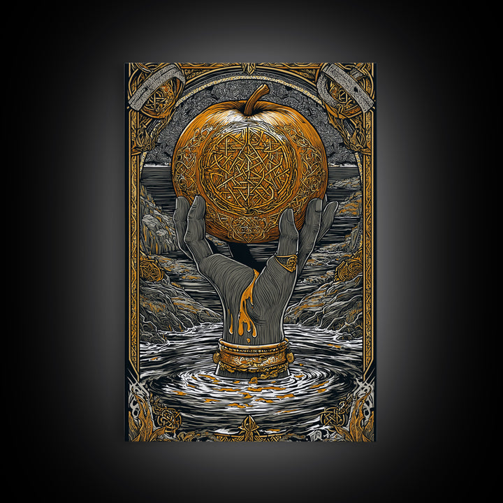 Mythic Apple Offering Canvas Gold Art Canvas Art | Nordic God Wall Art Pagan Symbol Decor | Office or Man Cave | Wood Frame
