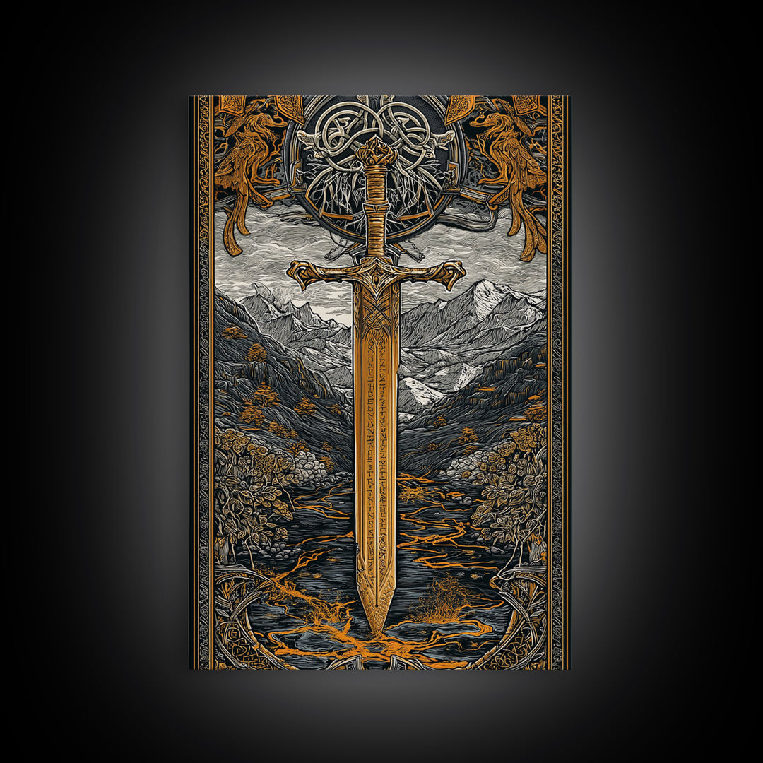 Norse Saga Sword Canvas Gold Art, Viking Inspired Canvas Art for Man Cave or Office, Nordic Mythology Wall Decor in real wood frame