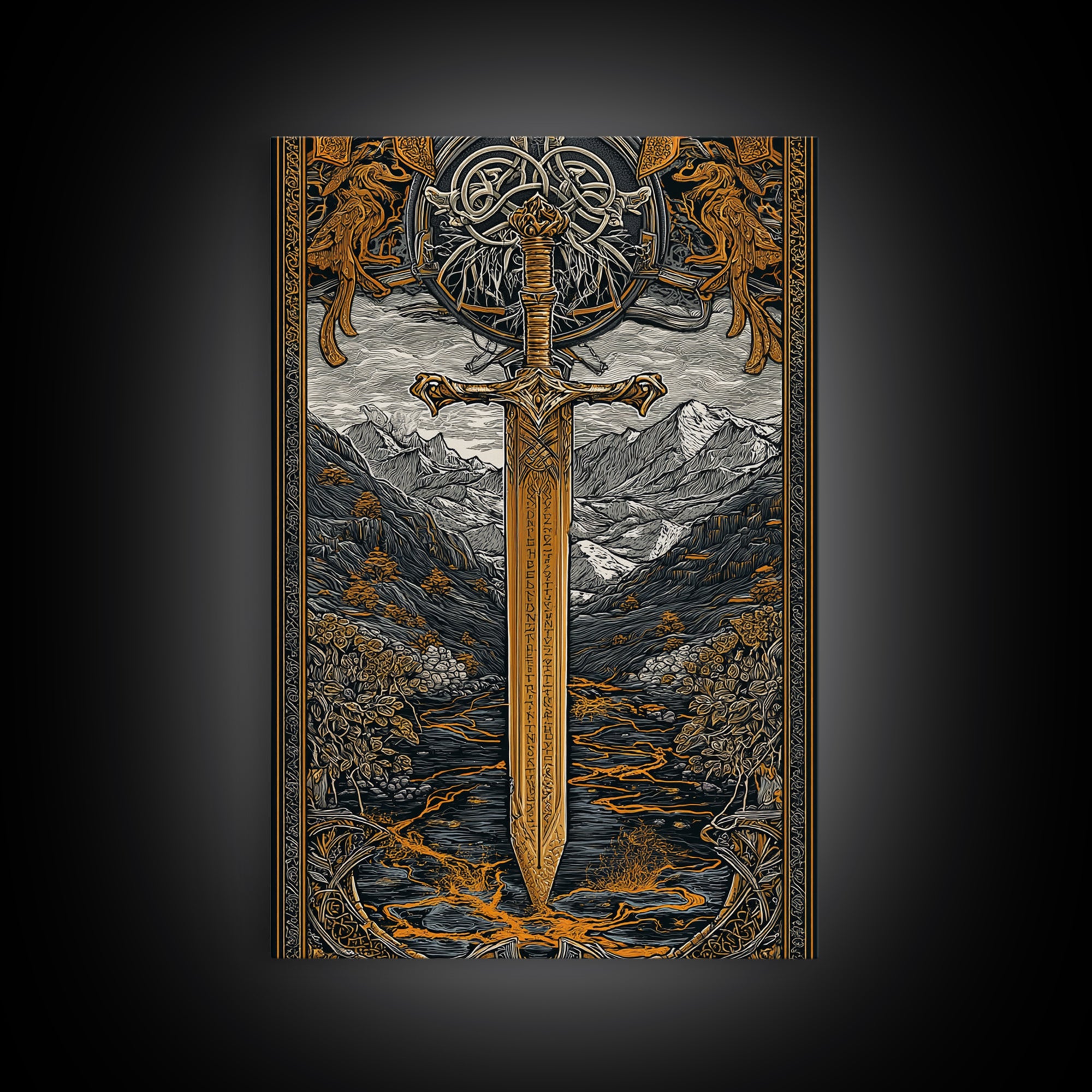 Norse Saga Sword Canvas Gold Art, Viking Inspired Canvas Art for Man Cave or Office, Nordic Mythology Wall Decor in real wood frame