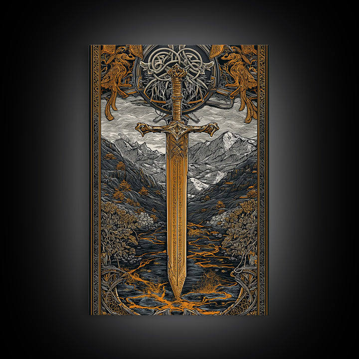 Norse Saga Sword Canvas Gold Art, Viking Inspired Canvas Art for Man Cave or Office, Nordic Mythology Wall Decor in real wood frame