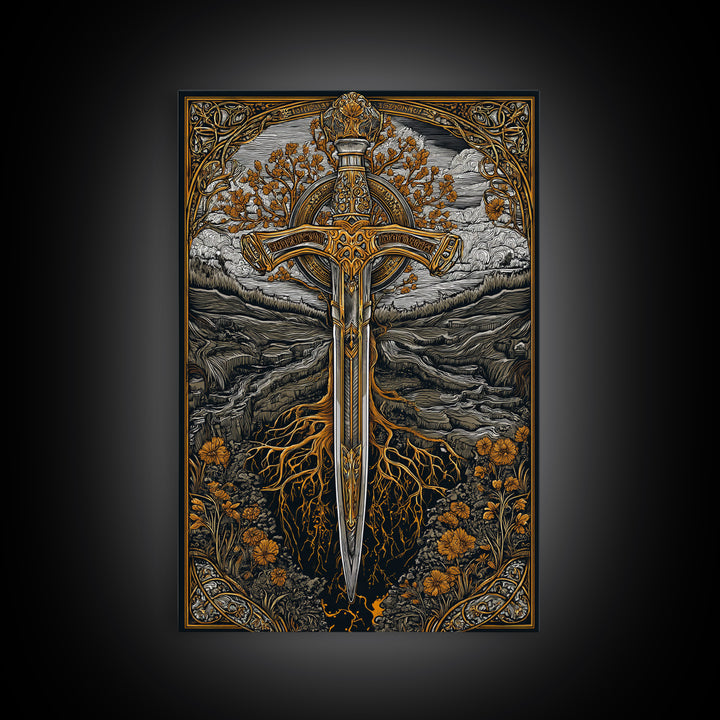 Nordic Sword of Yggdrasil Canvas Gold Art Canvas Art | Viking Mythology Wall Decor for Man Cave or Office | Framed in Real Wood