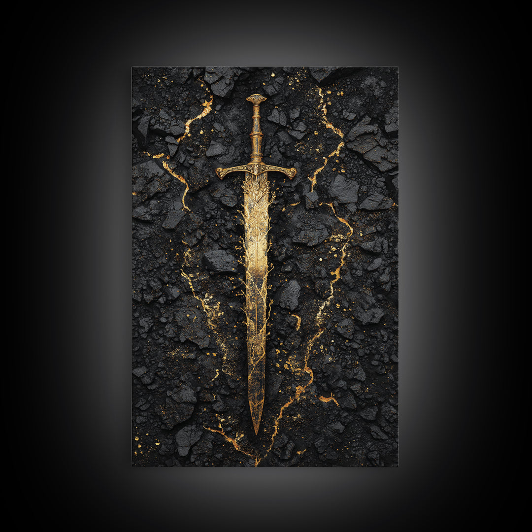 Ancient Viking Sword Canvas Gold Art Canvas Art | Norse Mythology Weapon Wall Decor Office Art Dad Gift | Mounted in Natural Wood