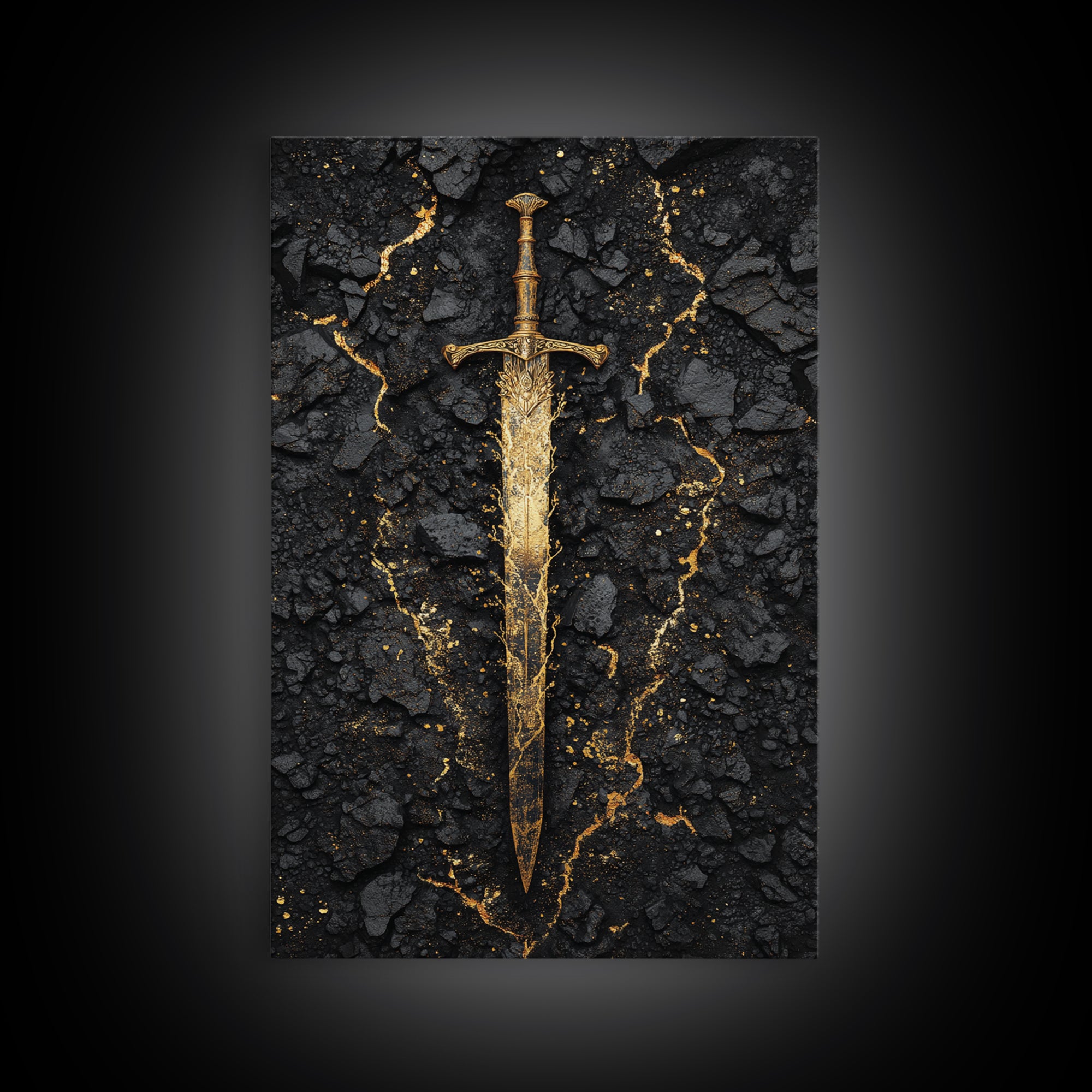 Ancient Viking Sword Canvas Gold Art Canvas Art | Norse Mythology Weapon Wall Decor Office Art Dad Gift | Mounted in Natural Wood