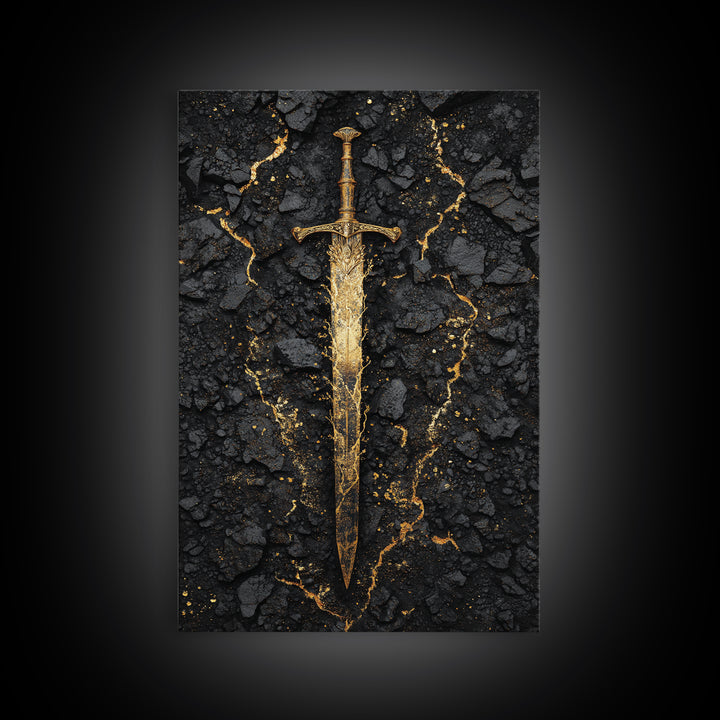 Ancient Viking Sword Canvas Gold Art Canvas Art | Norse Mythology Weapon Wall Decor Office Art Dad Gift | Mounted in Natural Wood