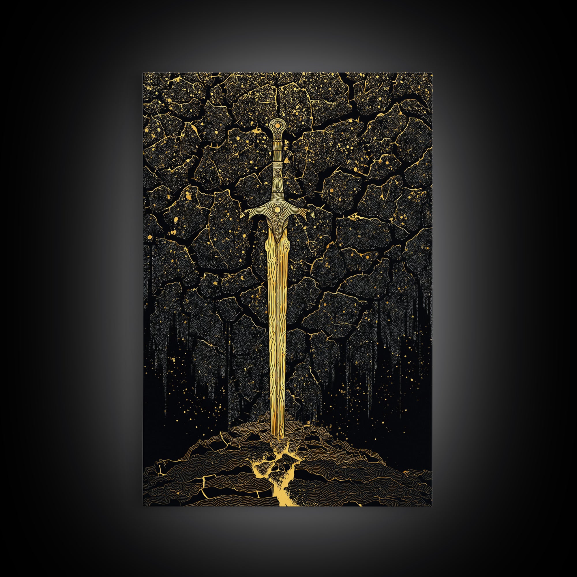 Cracked Earth Viking Blade Canvas Gold Art Canvas Art | Norse Mythology Wall Decor for Office or Man Cave | Framed with Real Wood