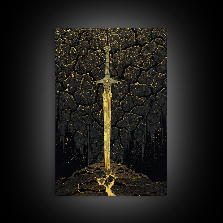 Cracked Earth Viking Blade Canvas Gold Art Canvas Art | Norse Mythology Wall Decor for Office or Man Cave | Framed with Real Wood