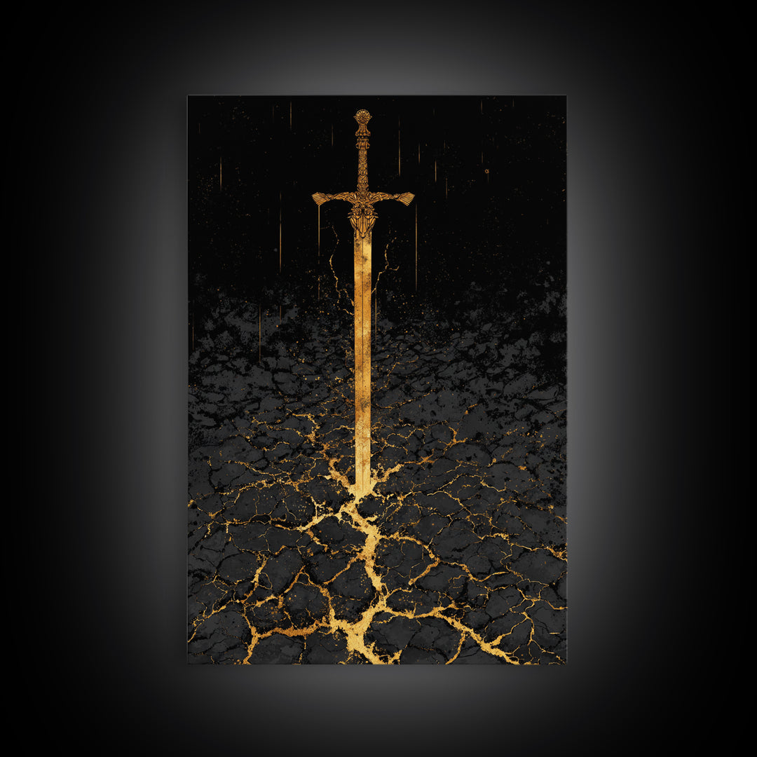 Norse Warrior Sword Canvas Gold Art Canvas Art | Viking Mythology Weapon Wall Decor Dad Gift | Office Art with Natural Wood Frame