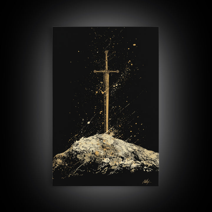 Sword in Stone Canvas Gold Art Canvas Art | Nordic Mythology Viking Weapon Wall Decor Office Art | Framed in Authentic Real Wood
