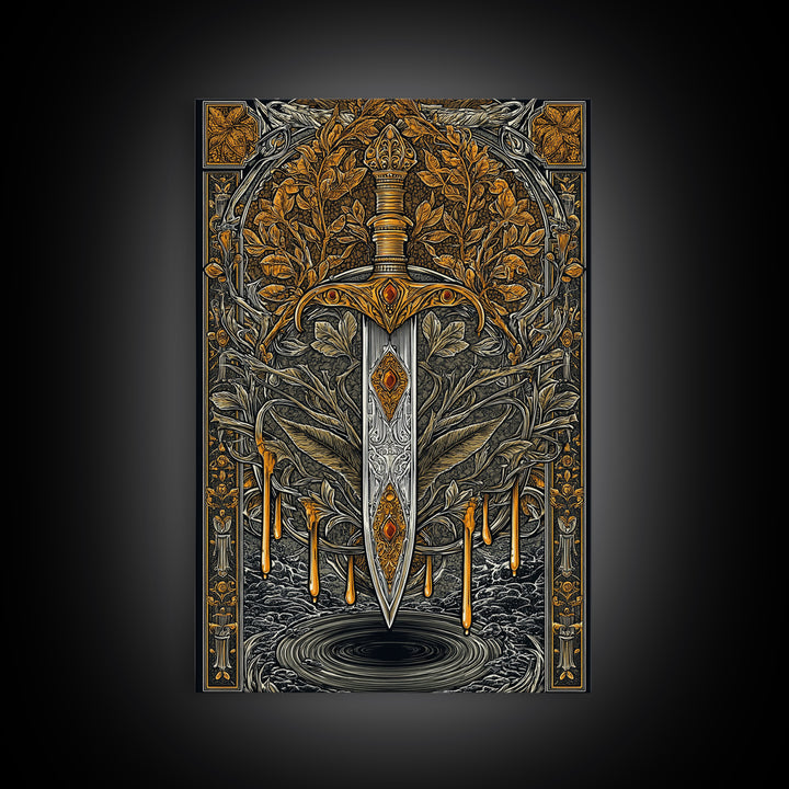 Golden Rune Sword Canvas Gold Art Canvas Art | Viking Mythology Weapon Wall Decor for Dad Gift | Office or Man Cave in Real Wood Frame