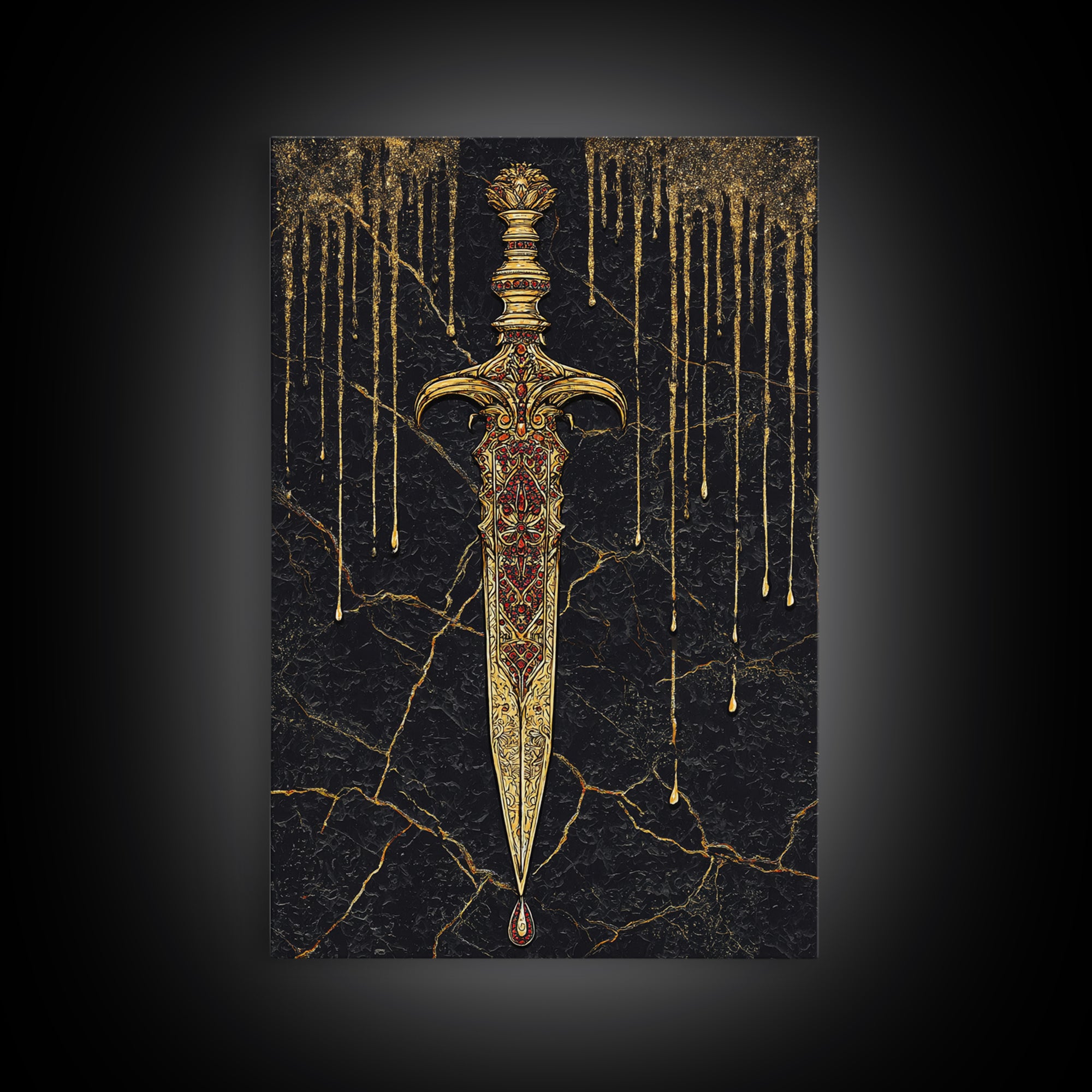 Norse Royal Dagger Canvas Gold Art Canvas Art | Viking Weapon Mythology Wall Decor Office Art | Framed with Solid Natural Wood