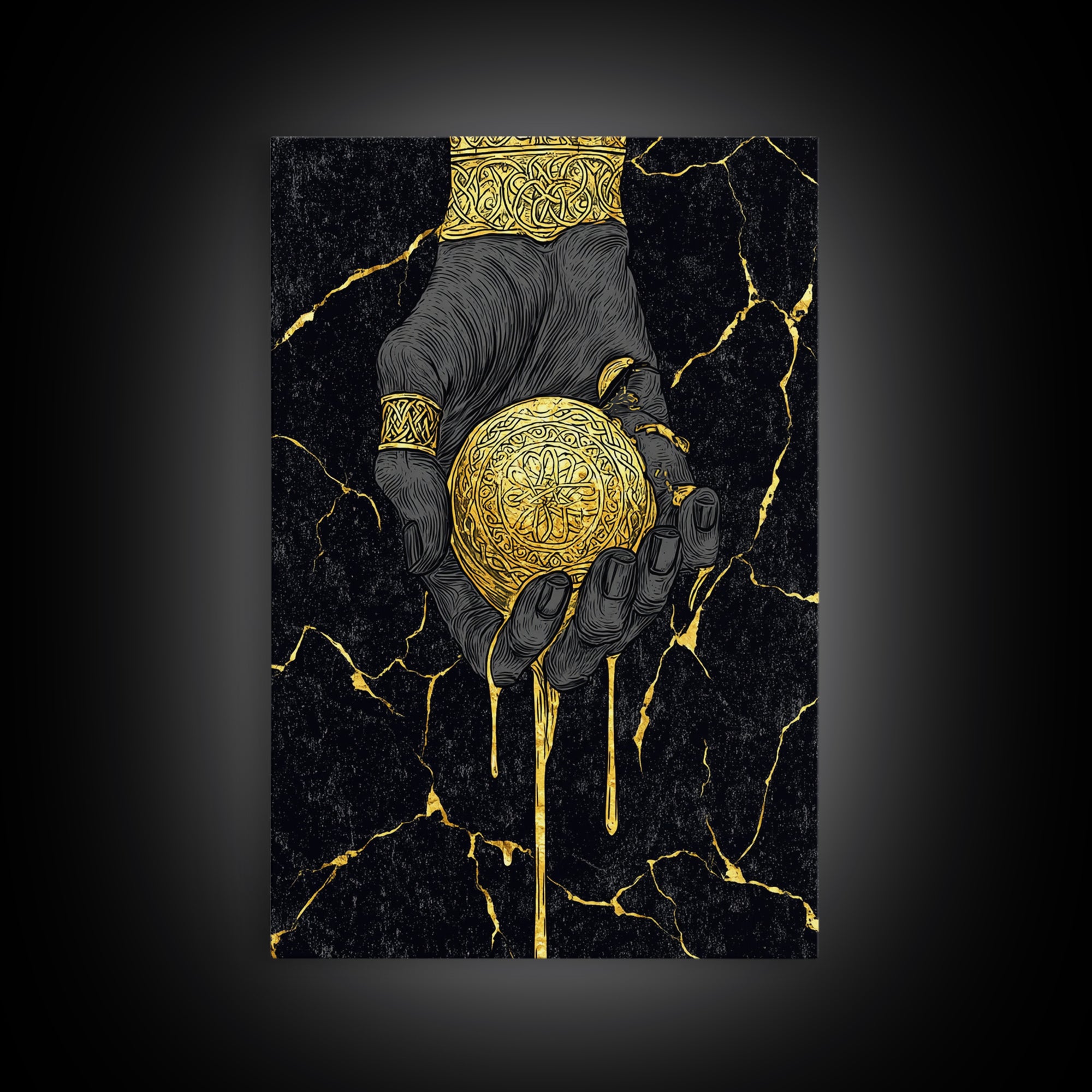 Runic Apple Canvas Gold Art Canvas Art | Viking Mythology Symbol Wall Art | Nordic Norse Decor Dad Gift | Natural Wood Frame