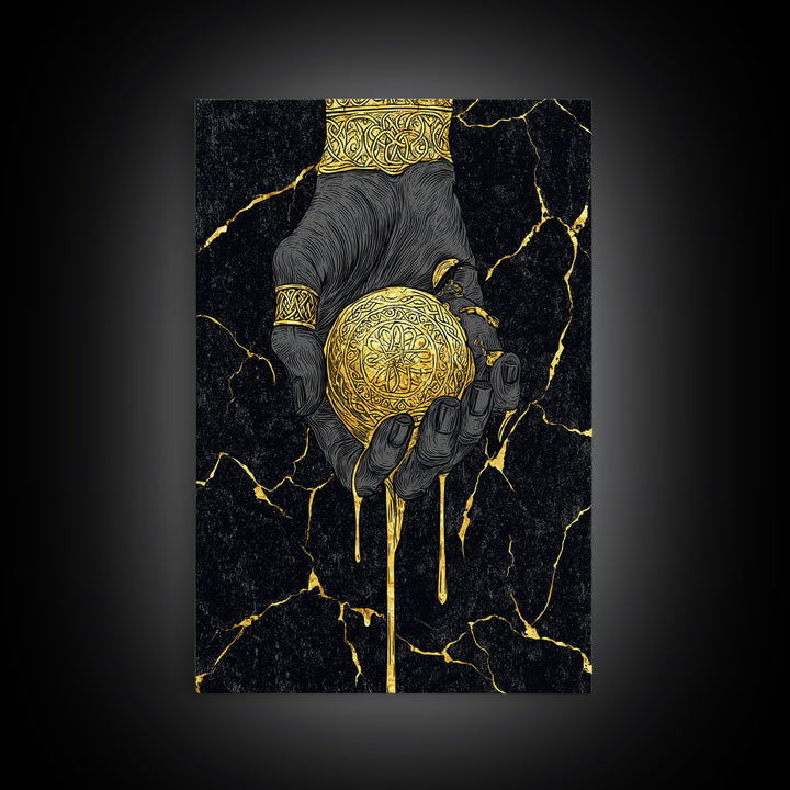 Runic Apple Canvas Gold Art Canvas Art | Viking Mythology Symbol Wall Art | Nordic Norse Decor Dad Gift | Natural Wood Frame