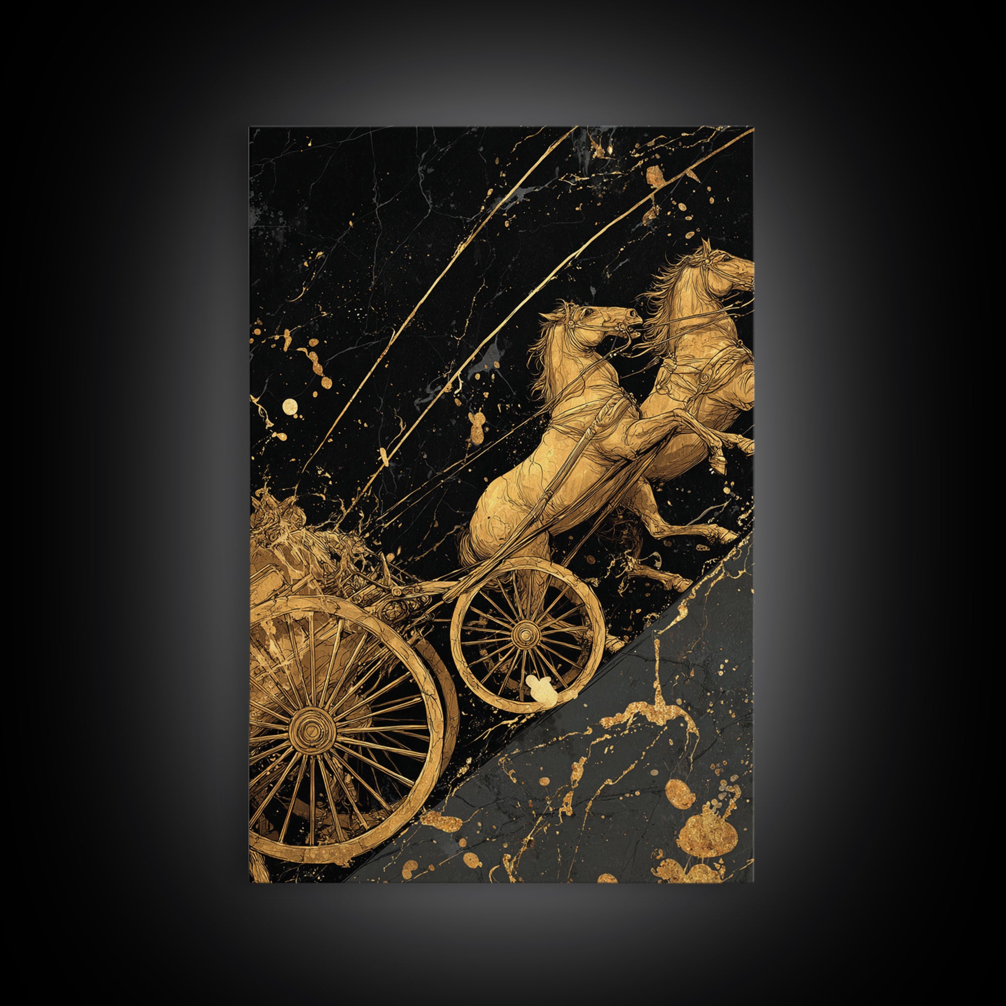 Norse Chariot Canvas Gold Art Canvas Art | Viking Mythology Horse Chariot Wall Decor for Office or Man Cave | Framed in Natural Wood