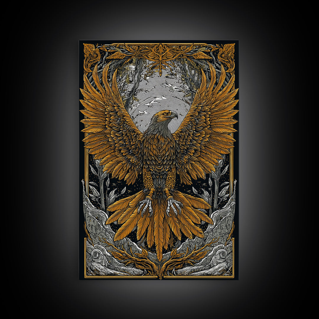 Nordic Eagle Canvas Gold Art Canvas Art Wall Decor for Office or Man Cave, Viking Inspired Artwork in Natural Wood Frame