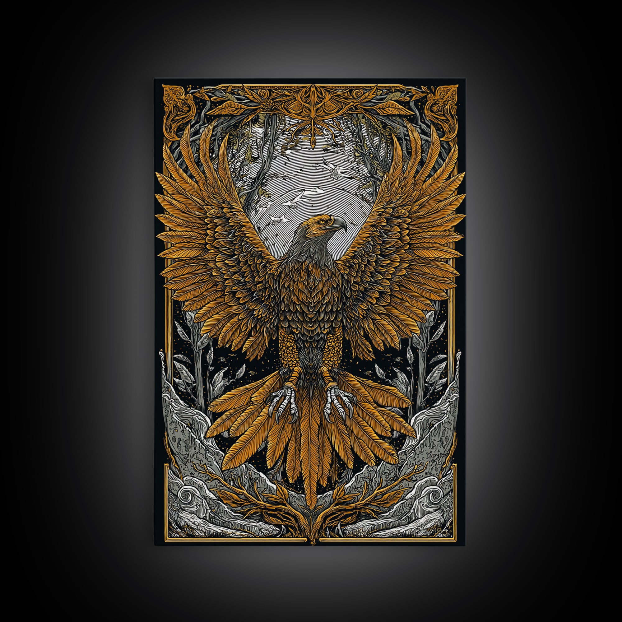 Nordic Eagle Canvas Gold Art Canvas Art Wall Decor for Office or Man Cave, Viking Inspired Artwork in Natural Wood Frame