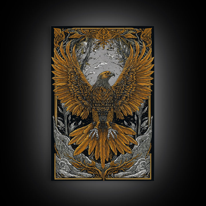 Nordic Eagle Canvas Gold Art Canvas Art Wall Decor for Office or Man Cave, Viking Inspired Artwork in Natural Wood Frame