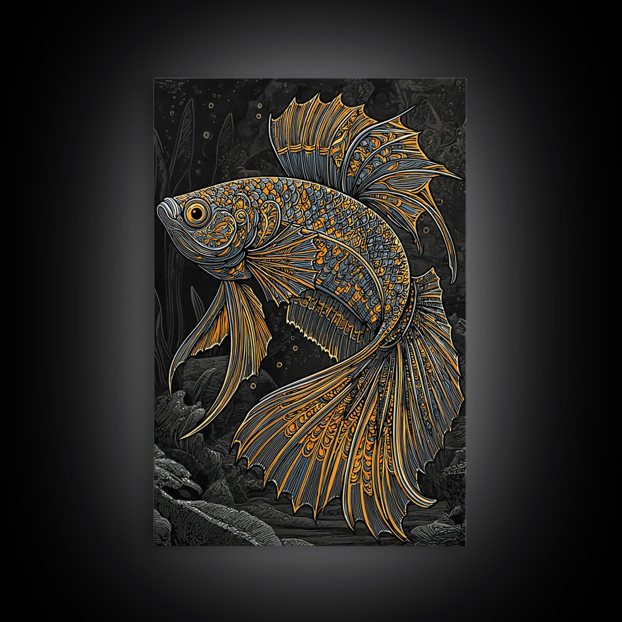 Canvas Gold Art Nordic Fish Canvas Art Wall Hanging, Viking Sea Symbol Decor for Office or Dad Gift, Framed with Real Wood