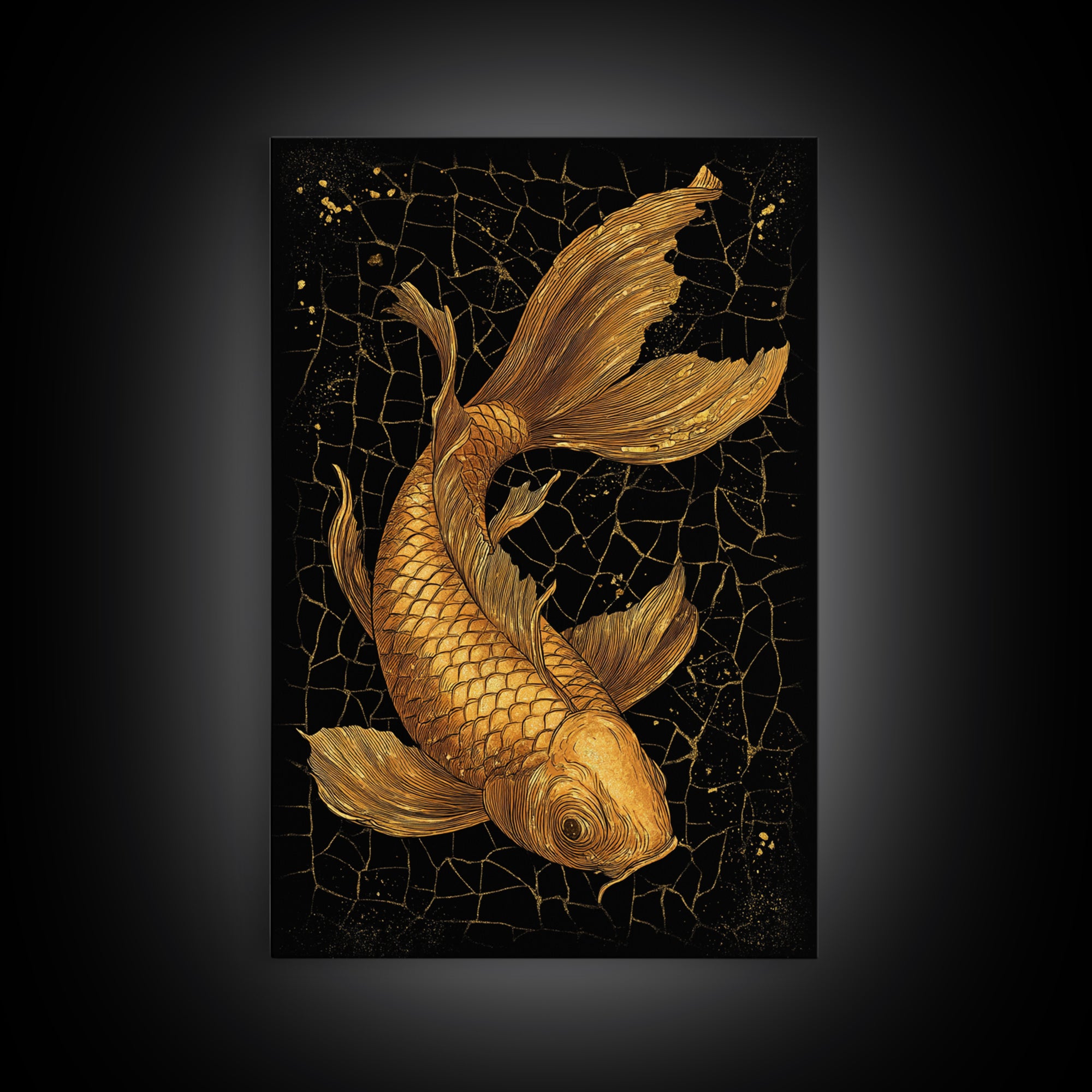 Nordic Mythology Canvas Gold Art Canvas Art Koi Fish Wall Decor, Viking Inspired Gift for Men, Framed in Real Wood