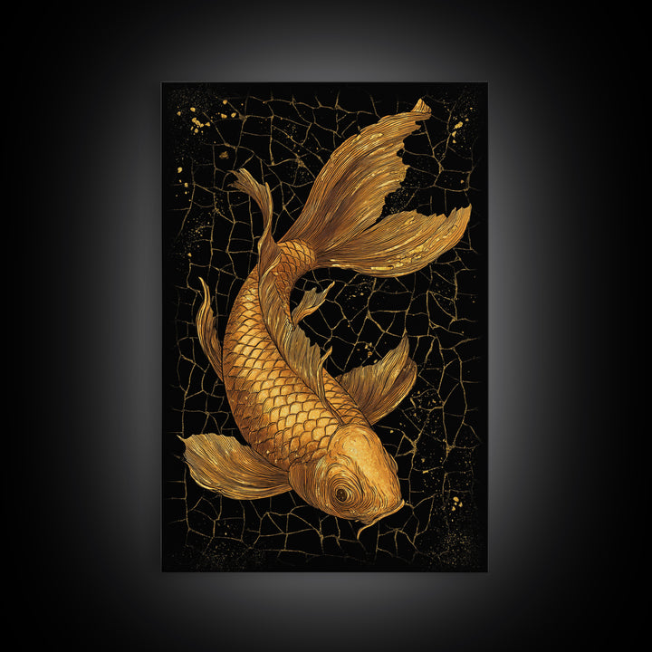Nordic Mythology Canvas Gold Art Canvas Art Koi Fish Wall Decor, Viking Inspired Gift for Men, Framed in Real Wood