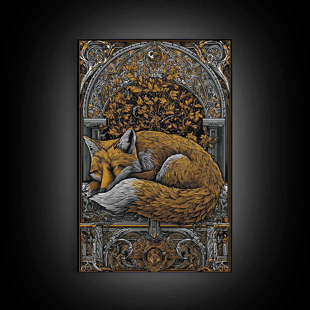 Viking Fox Canvas Gold Art Canvas Art Wall Decor, Nordic Mythology Inspired Animal Artwork for Office or Man Cave, Wood Frame