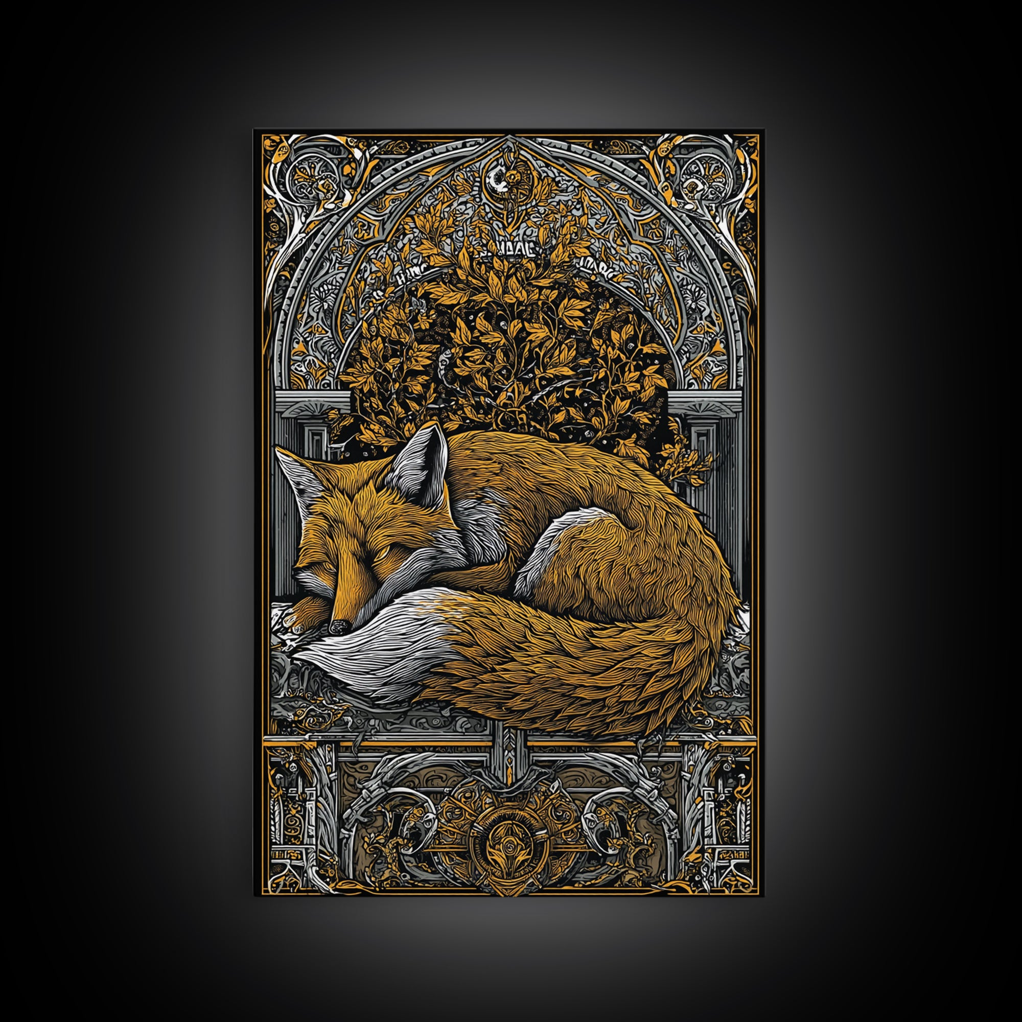 Viking Fox Canvas Gold Art Canvas Art Wall Decor, Nordic Mythology Inspired Animal Artwork for Office or Man Cave, Wood Frame