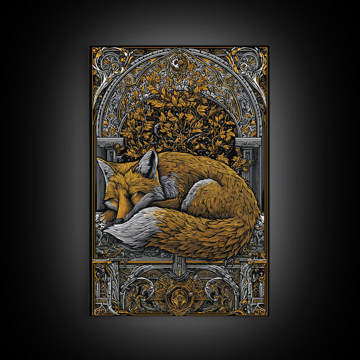 Viking Fox Canvas Gold Art Canvas Art Wall Decor, Nordic Mythology Inspired Animal Artwork for Office or Man Cave, Wood Frame