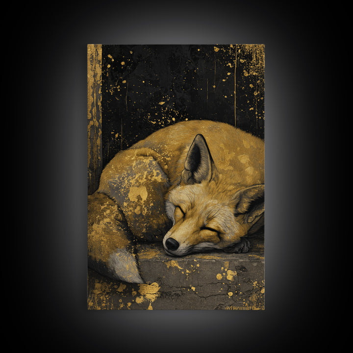 Canvas Art Nordic Fox Canvas Gold Art Wall Hanging, Viking Mythology Decor Gift for Dad or Husband, Framed in Real Wood