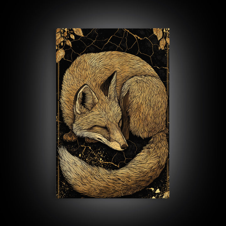 Nordic Sleeping Fox Canvas Gold Art Canvas Art Decor, Viking Myth Inspired Animal Wall Hanging with Natural Wood Frame