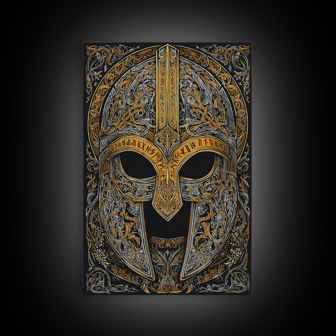 Viking Warrior Helmet Canvas Gold Art Canvas Art Wall Decor, Nordic Mythology Gift for Men or Office, Real Wood Frame Display