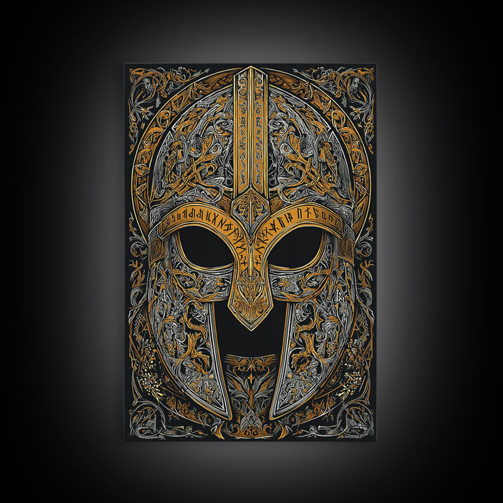 Viking Warrior Helmet Canvas Gold Art Canvas Art Wall Decor, Nordic Mythology Gift for Men or Office, Real Wood Frame Display