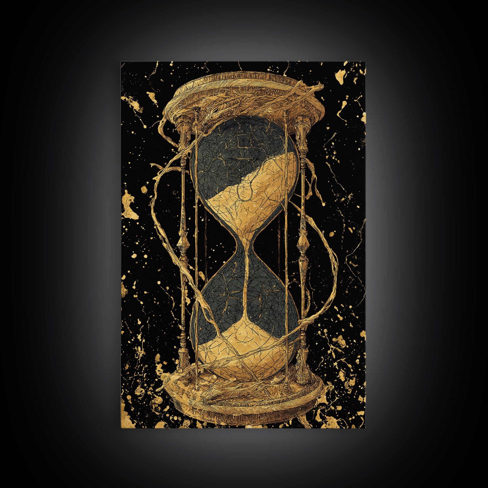 Nordic Hourglass Canvas Gold Art Canvas Art Wall Decor, Viking Myth Time Symbol Artwork for Office or Man Cave, Wood Framed