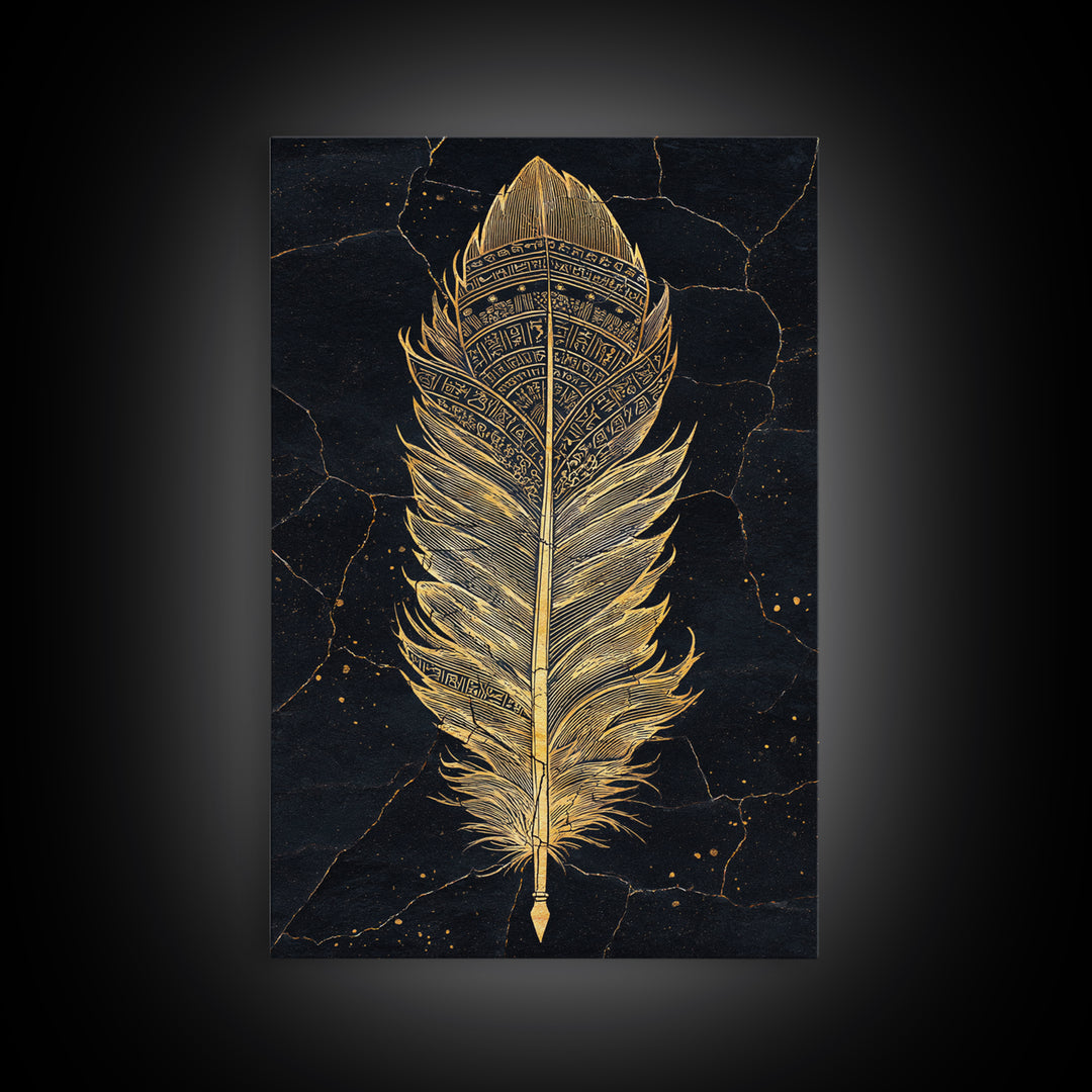 Canvas Gold Art Nordic Feather Canvas Art Wall Decor, Viking Myth Symbol Artwork for Men’s Office or Dad Gift, Real Wood Frame
