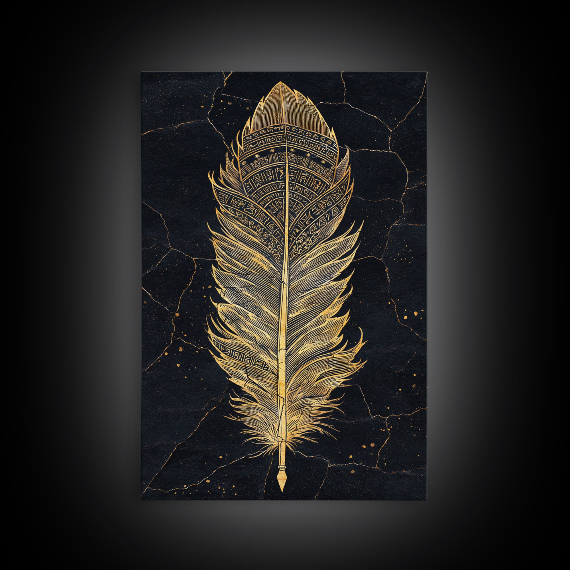 Canvas Gold Art Nordic Feather Canvas Art Wall Decor, Viking Myth Symbol Artwork for Men’s Office or Dad Gift, Real Wood Frame
