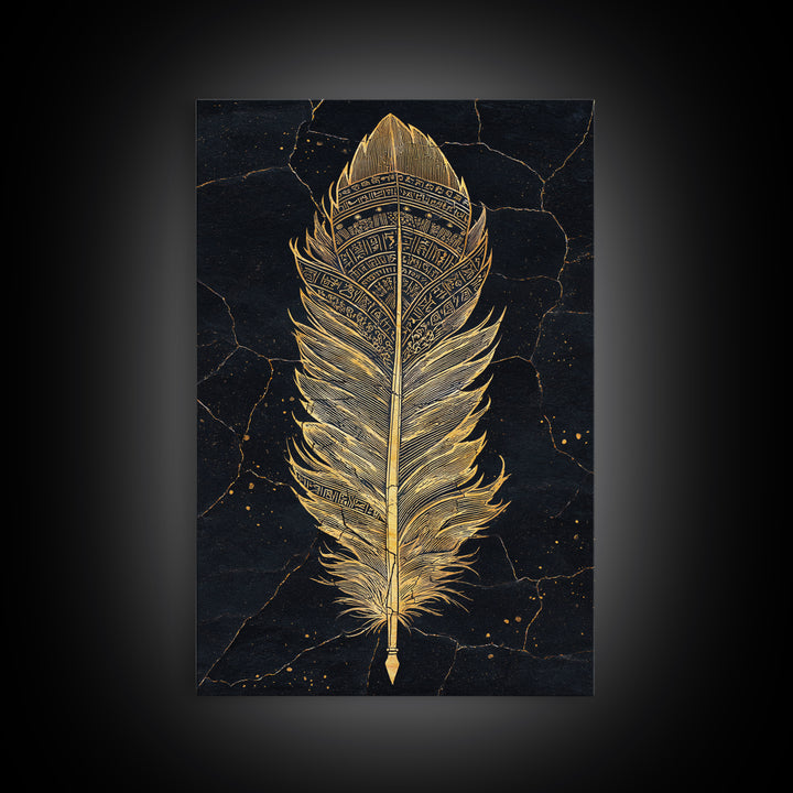Canvas Gold Art Nordic Feather Canvas Art Wall Decor, Viking Myth Symbol Artwork for Men’s Office or Dad Gift, Real Wood Frame