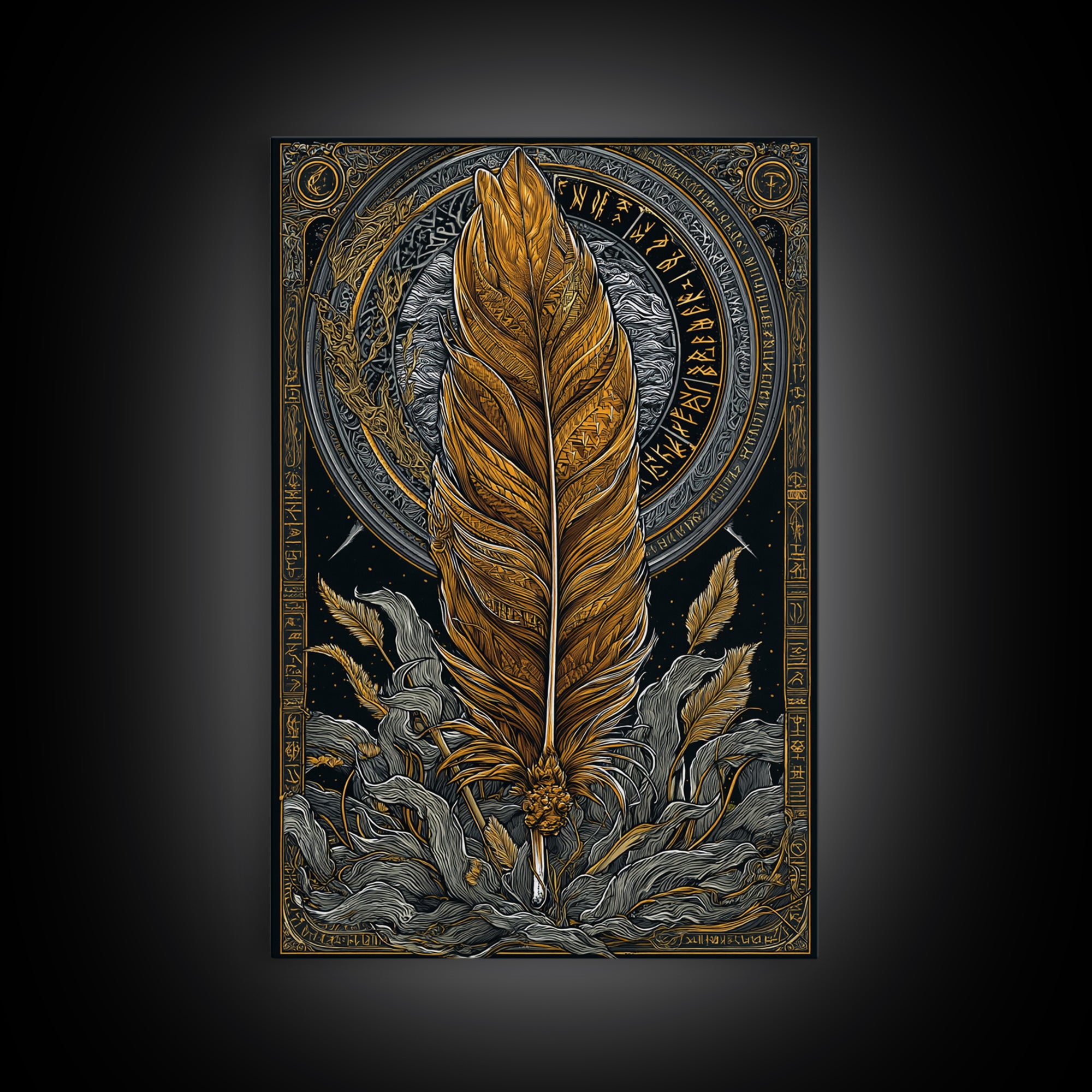 Nordic Mythology Feather Canvas Gold Art Canvas Art Wall Decor, Viking Symbolic Artwork for Man Cave or Office, Natural Wood Frame