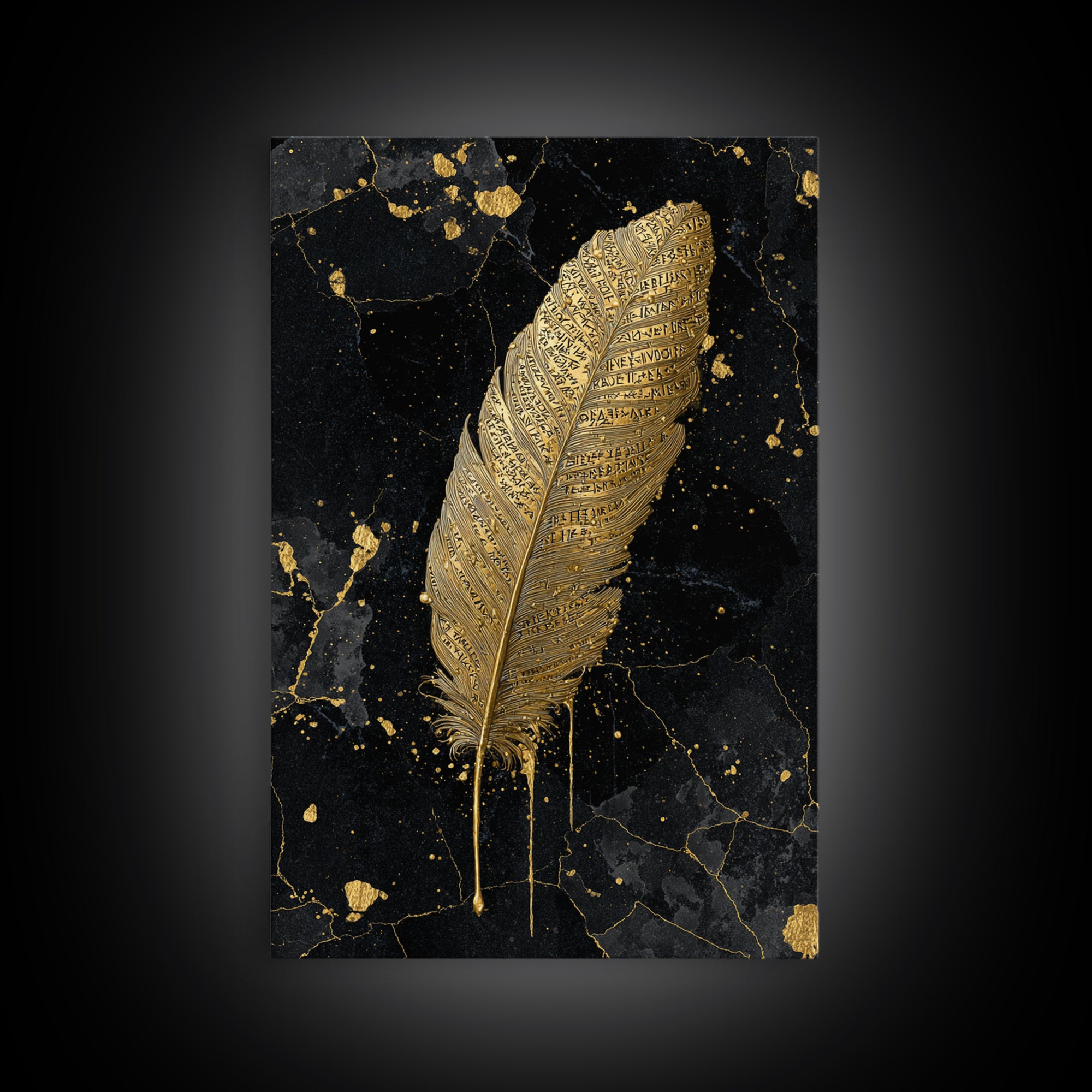 Runic Feather Canvas Gold Art, Nordic Mythology Inspired Canvas Art for Office or Man Cave, Framed in Natural Wood