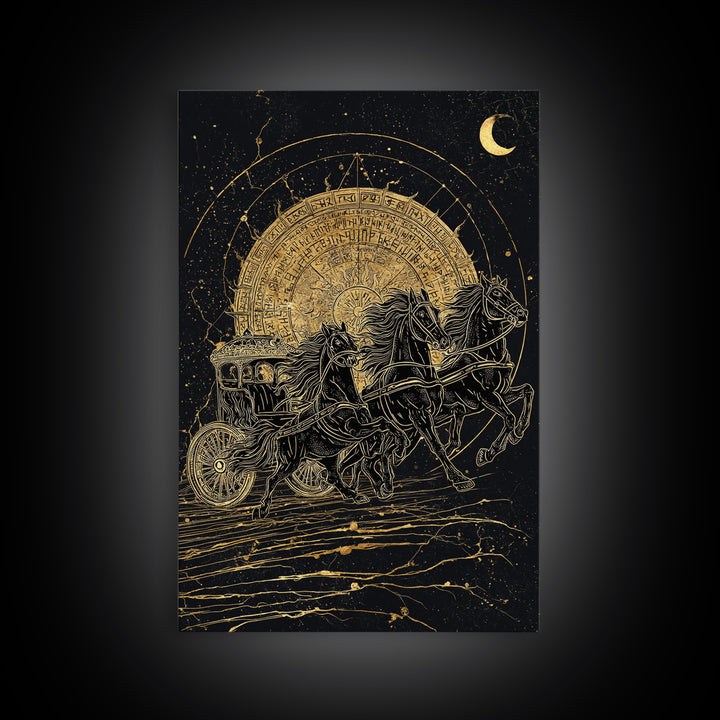 Norse Sun Chariot Canvas Gold Art, Nordic Mythology Horses Canvas Art for Dad Gift or Office Decor, with Real Wood Frame