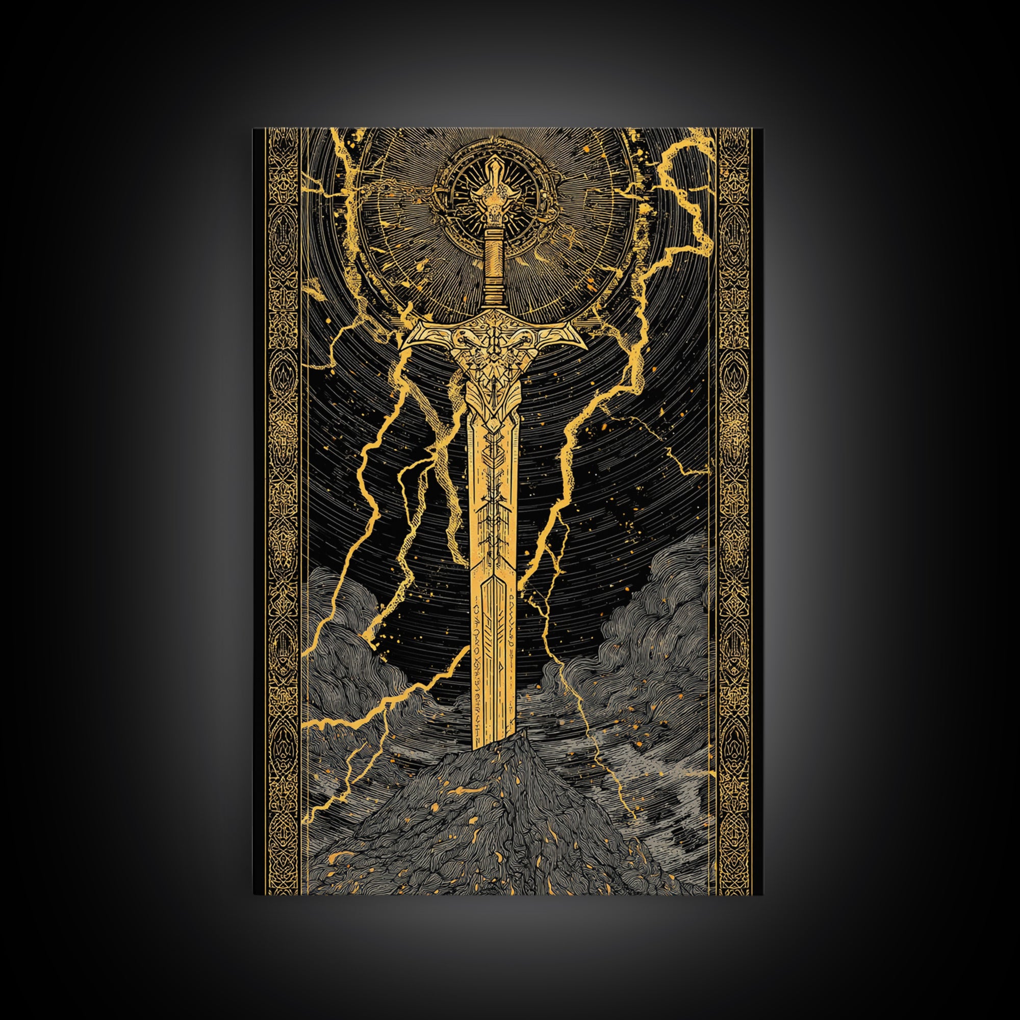 Thor’s Sword Canvas Gold Art, Viking Weapon Nordic Mythology Canvas Art for Man Cave or Office Wall, Real Wood Frame Included
