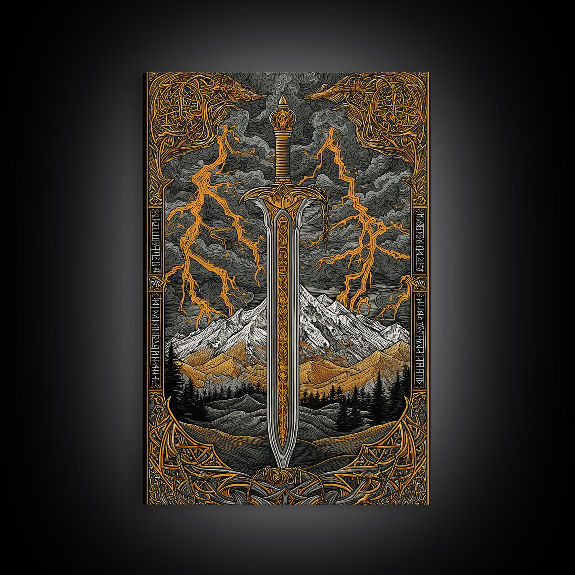 Odin’s Blade Canvas Gold Art, Lightning and Mountain Viking Sword Nordic Canvas Art, Office or Man Cave Decor, Wood Framed