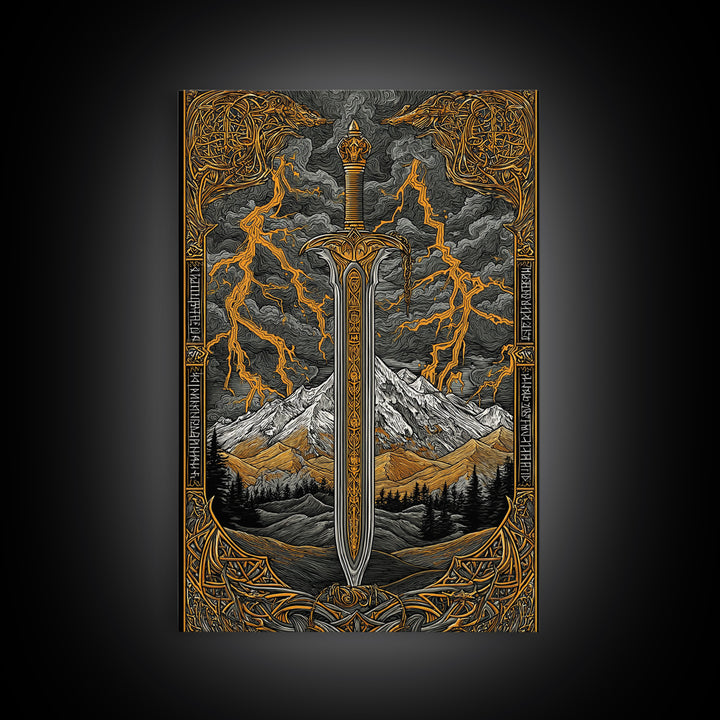 Odin’s Blade Canvas Gold Art, Lightning and Mountain Viking Sword Nordic Canvas Art, Office or Man Cave Decor, Wood Framed