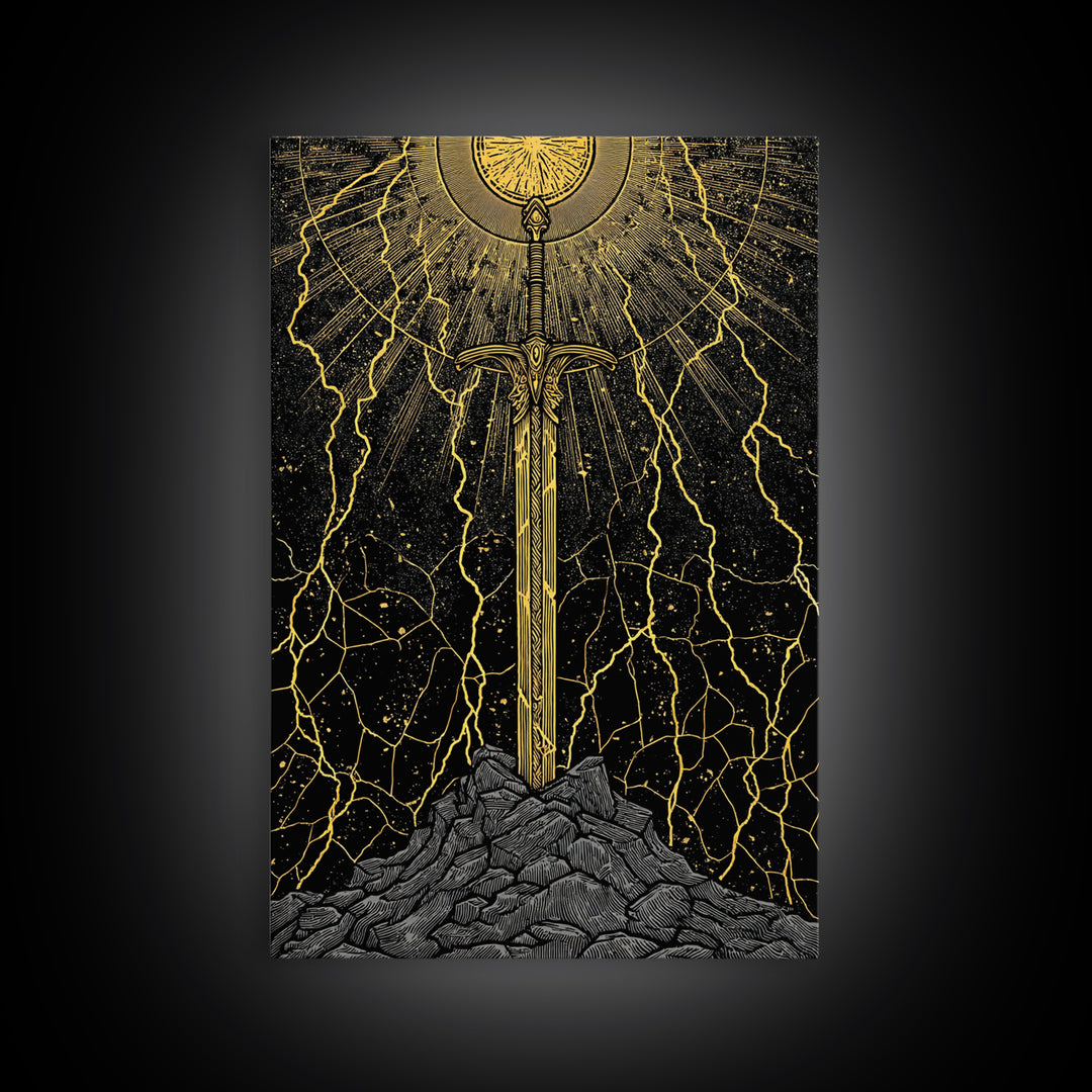 Viking Sword Canvas Gold Art, Norse Mythology Weapon Canvas Art with Lightning, Office Wall or Dad Gift, Framed in Wood