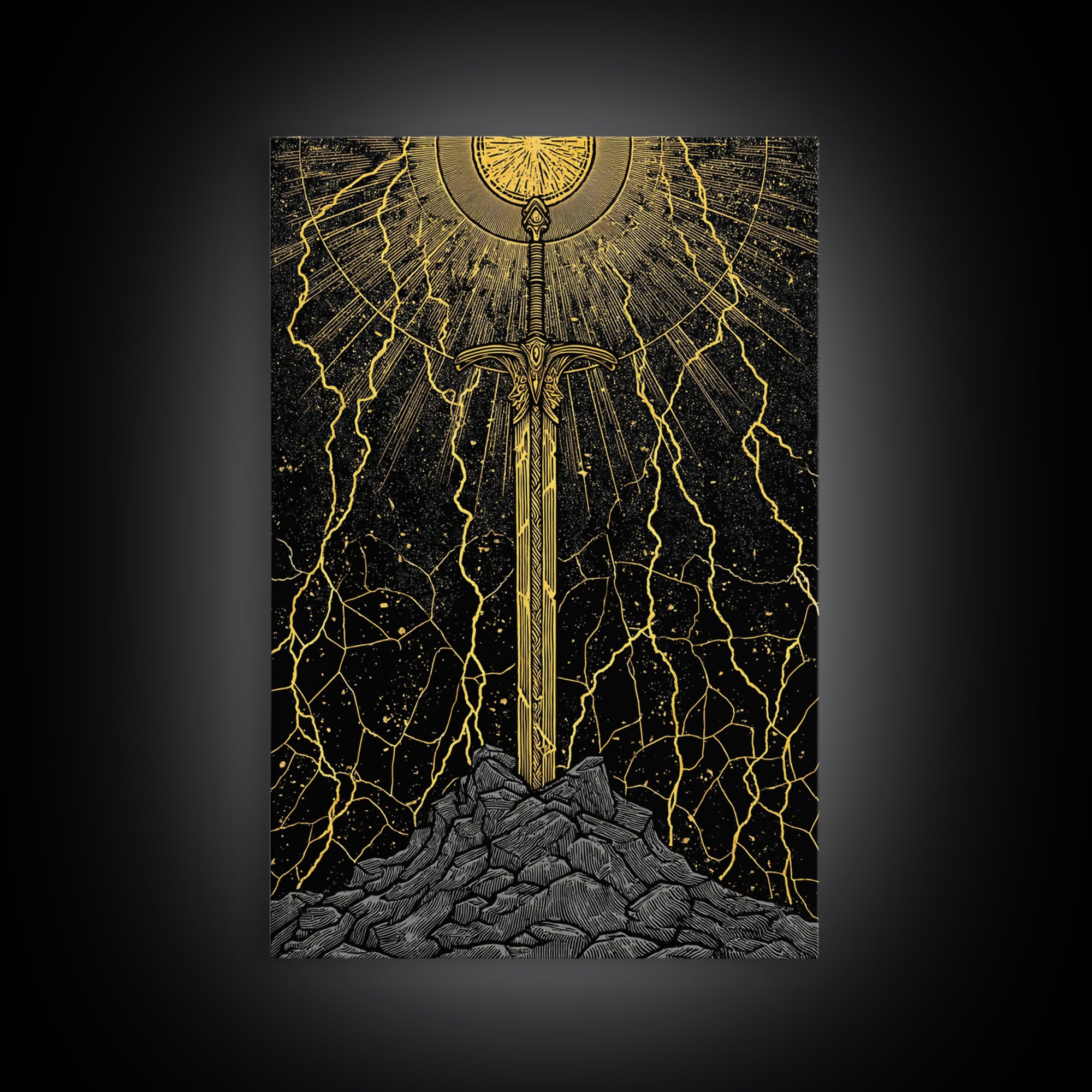 Viking Sword Canvas Gold Art, Norse Mythology Weapon Canvas Art with Lightning, Office Wall or Dad Gift, Framed in Wood