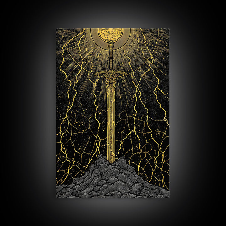 Viking Sword Canvas Gold Art, Norse Mythology Weapon Canvas Art with Lightning, Office Wall or Dad Gift, Framed in Wood